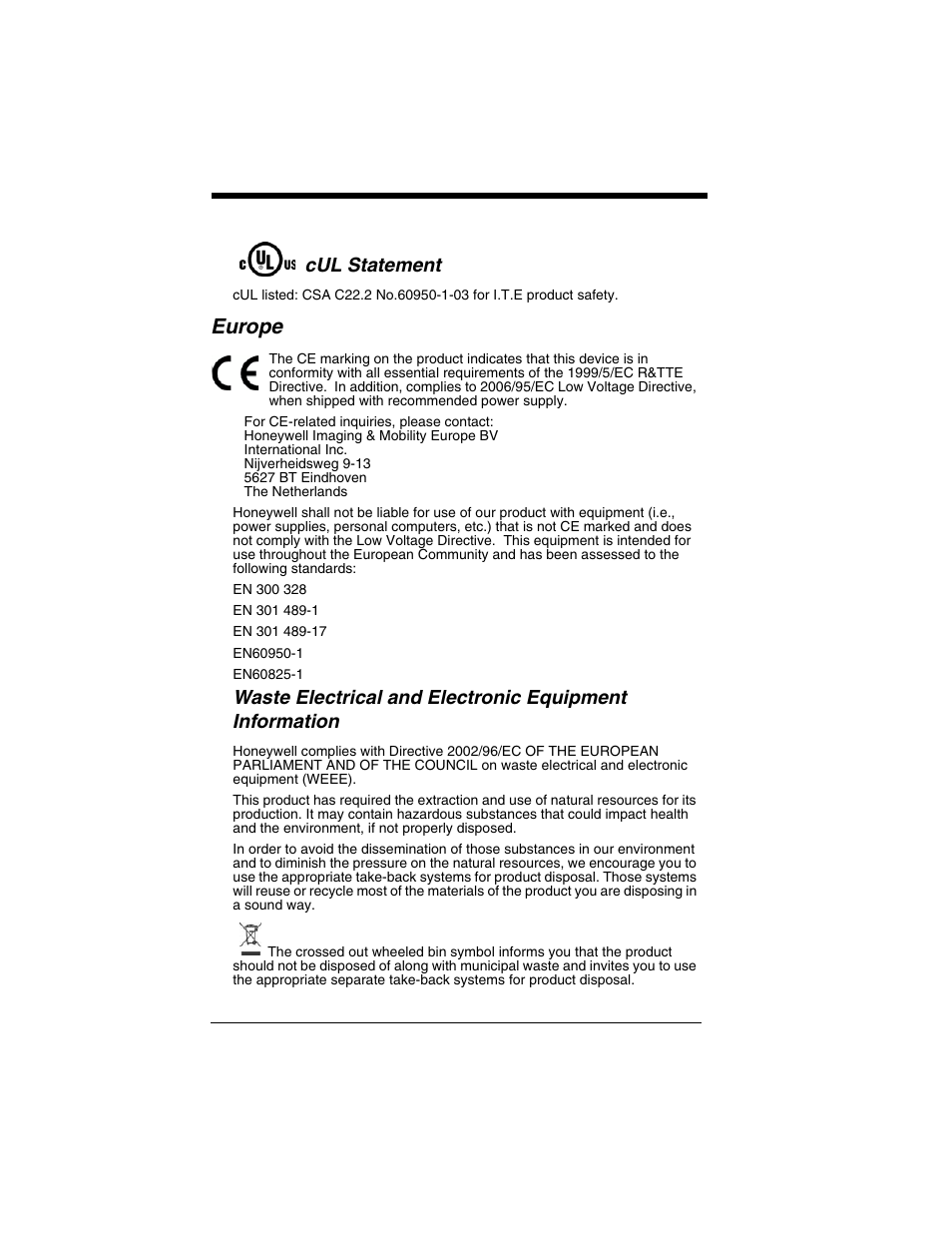 Europe, Cul statement | Honeywell 2020 User Manual | Page 4 / 188