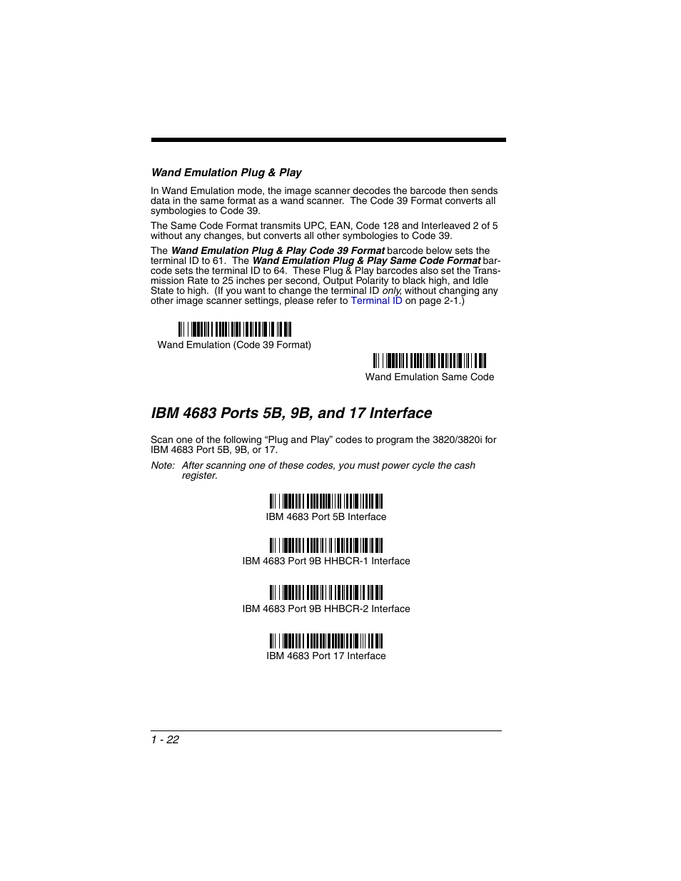 Wand emulation plug & play, Ibm 4683 ports 5b, 9b, and 17 interface, Wand emulation plug & play -22 | Ibm 4683 ports 5b, 9b, and 17 interface -22 | Honeywell 2020 User Manual | Page 40 / 188