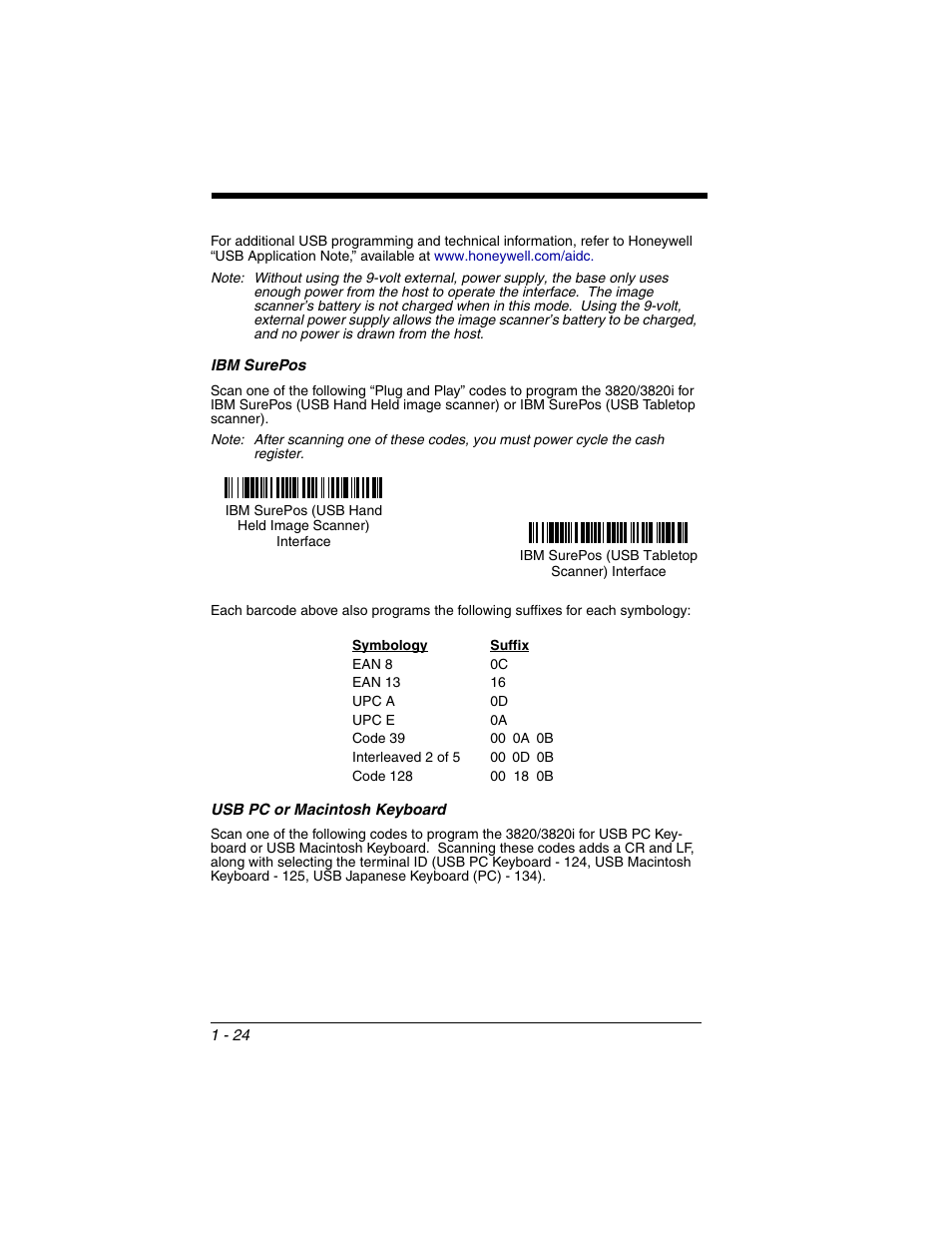 Ibm surepos, Usb pc or macintosh keyboard, Ibm surepos -24 usb pc or macintosh keyboard -24 | Honeywell 2020 User Manual | Page 42 / 188