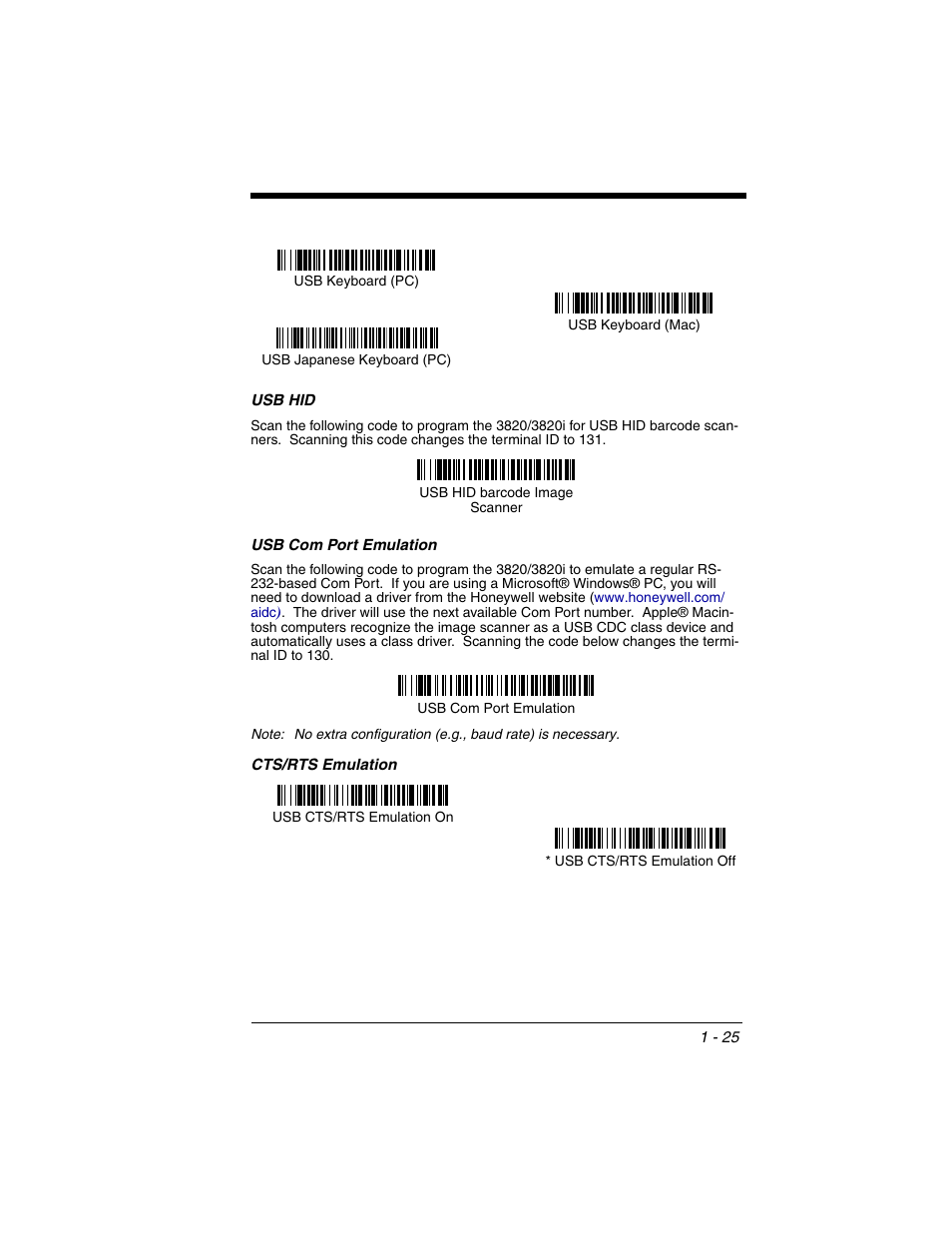 Usb hid, Usb com port emulation, Usb hid -25 usb com port emulation -25 | Honeywell 2020 User Manual | Page 43 / 188