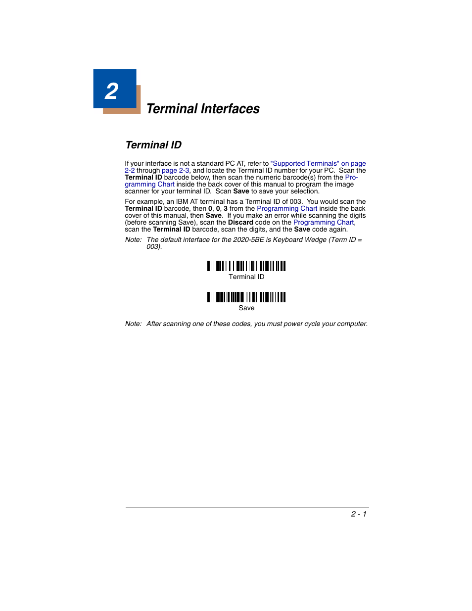 Terminal interfaces, Terminal id, Chapter 2 - terminal interfaces | Terminal id -1 | Honeywell 2020 User Manual | Page 47 / 188