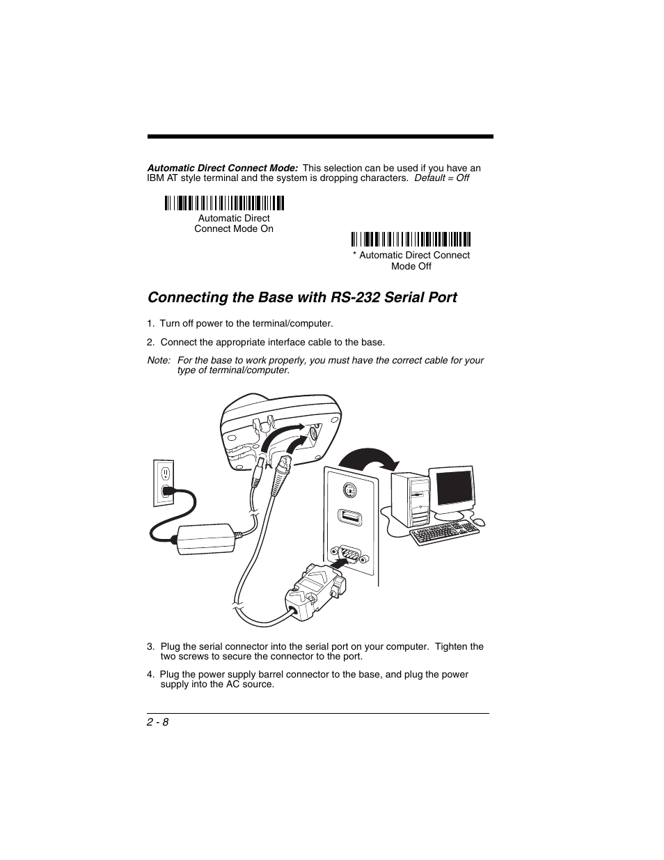 Connecting the base with rs-232 serial port, Connecting the base with rs-232 serial port -8 | Honeywell 2020 User Manual | Page 54 / 188