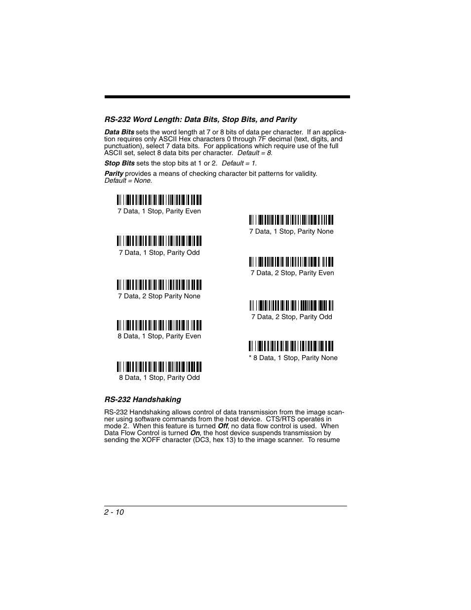 Rs-232 handshaking, Rs-232 word length: data bits, stop bits, Rs-232 handshaking -10 | Honeywell 2020 User Manual | Page 56 / 188