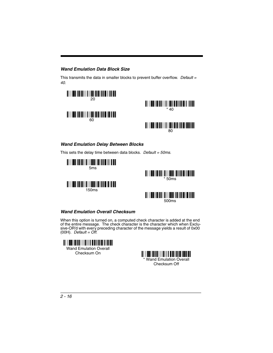 Wand emulation data block size, Wand emulation delay between blocks, Wand emulation overall checksum | Honeywell 2020 User Manual | Page 62 / 188