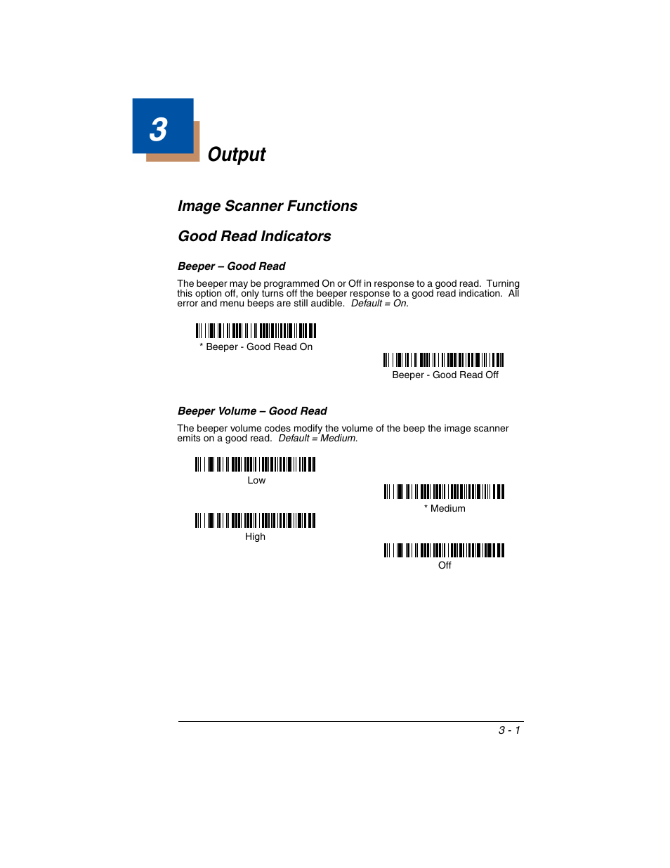 Output, Good read indicators, Beeper – good read | Beeper volume – good read, Chapter 3 - output, Good read indicators -1, Beeper – good read -1 beeper volume – good read -1 | Honeywell 2020 User Manual | Page 63 / 188