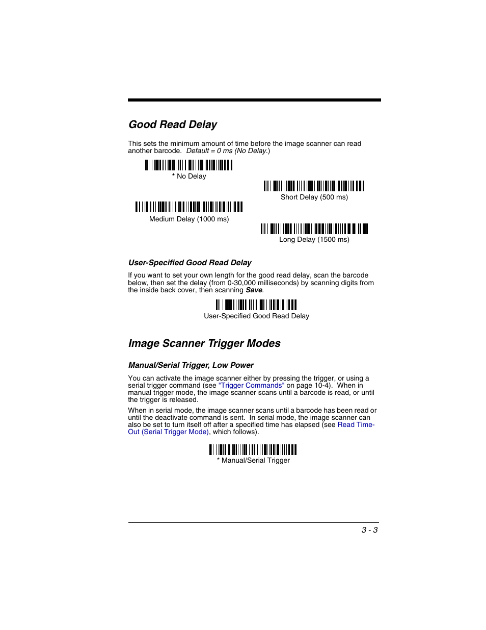 Good read delay, User-specified good read delay, Image scanner trigger modes | Manual/serial trigger, low power, Good read delay -3, User-specified good read delay -3, Image scanner trigger modes -3, Manual/serial trigger, low power -3 | Honeywell 2020 User Manual | Page 65 / 188
