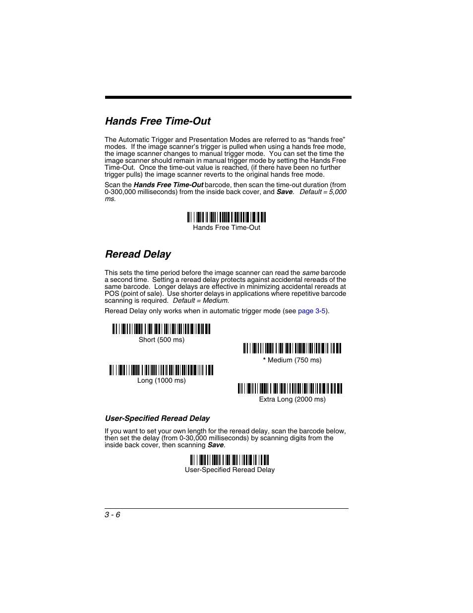 Hands free time-out, Reread delay, User-specified reread delay | Hands free time-out -6 reread delay -6, User-specified reread delay -6 | Honeywell 2020 User Manual | Page 68 / 188