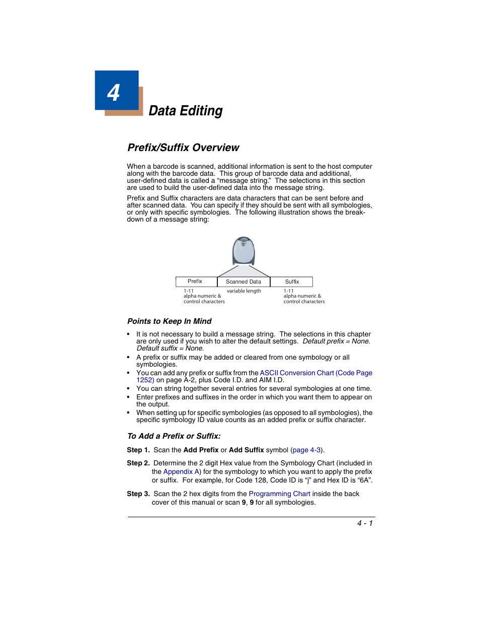 Data editing, Prefix/suffix overview, To add a prefix or suffix | Chapter 4 - data editing, Prefix/suffix overview -1, To add a prefix or suffix: -1 | Honeywell 2020 User Manual | Page 77 / 188