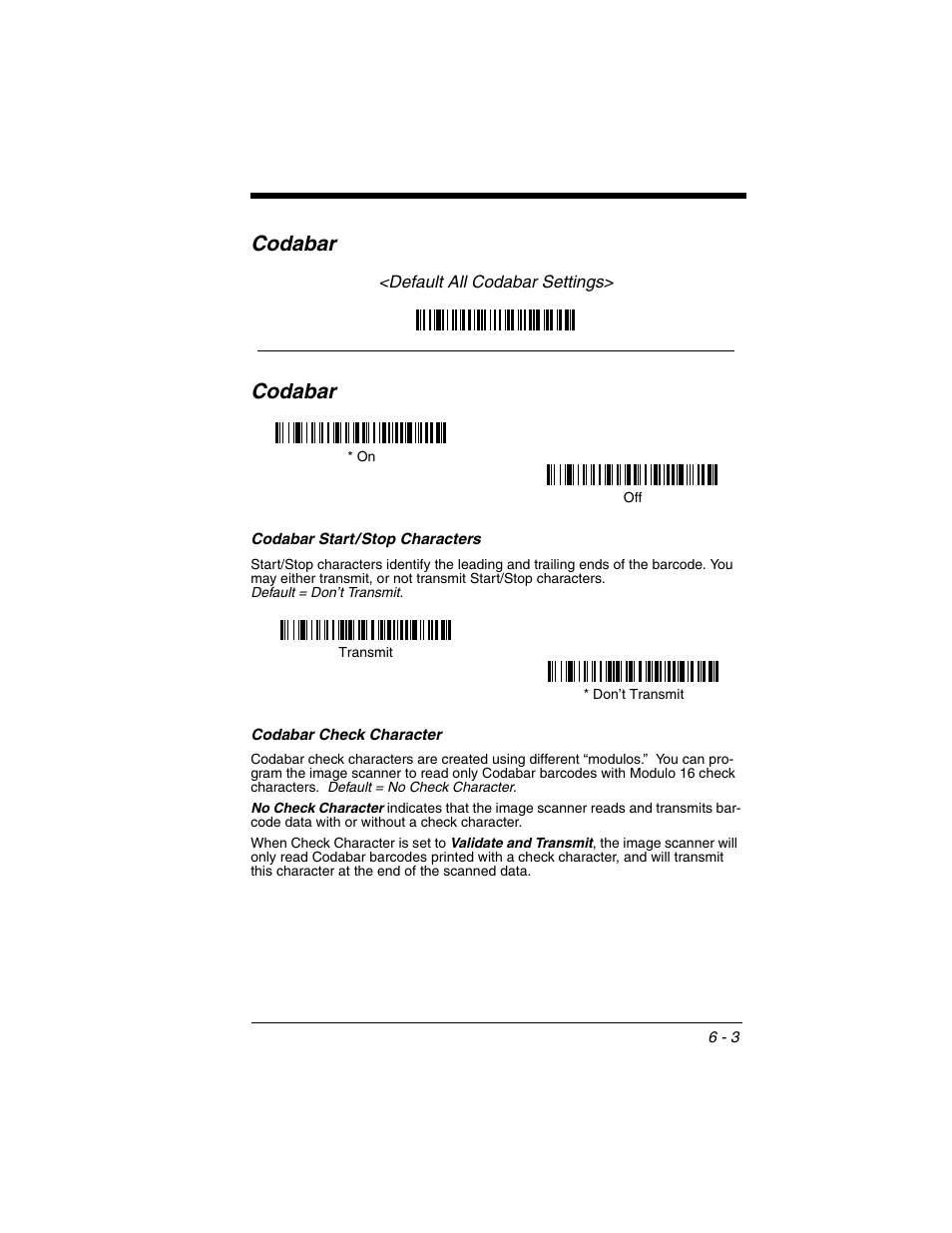 Codabar, Codabar start / stop characters, Codabar check character | Codabar -3 | Honeywell 2020 User Manual | Page 91 / 188