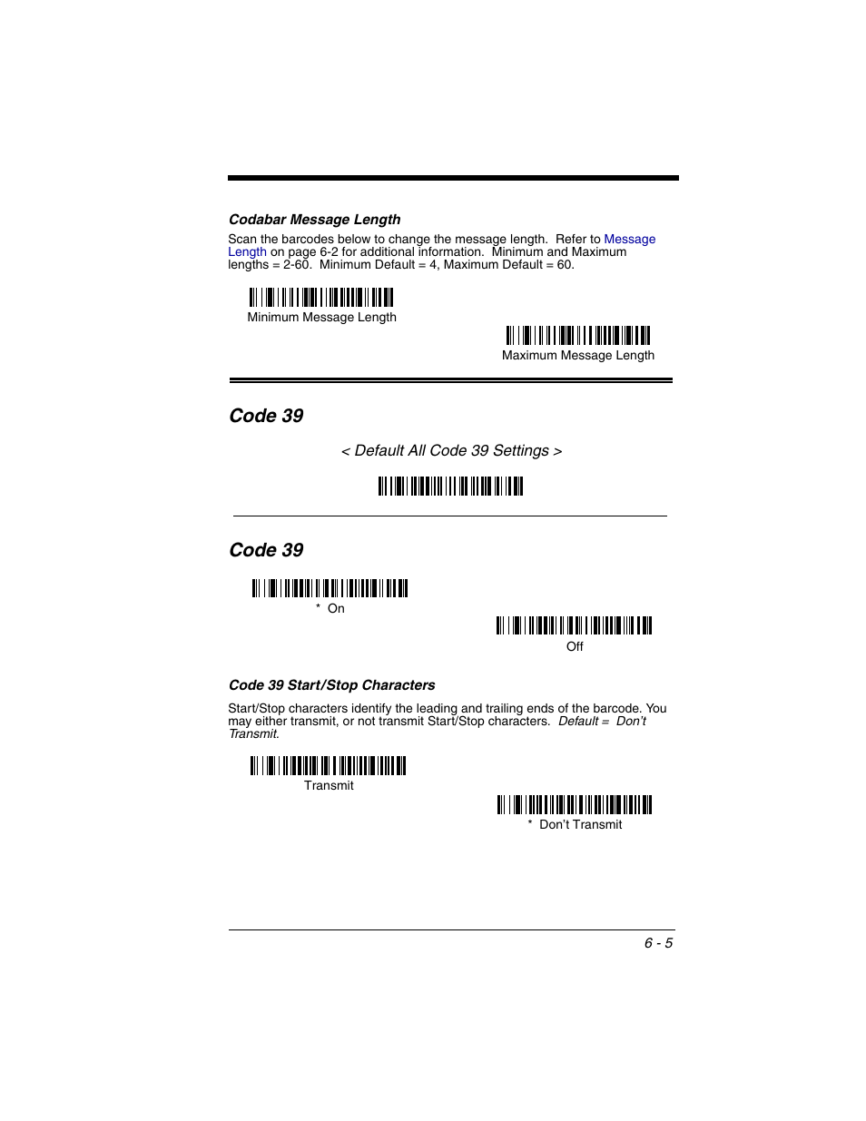 Codabar message length, Code 39, Code 39 start / stop characters | Codabar message length -5, Code 39 -5, Code 39 start/stop characters -5 | Honeywell 2020 User Manual | Page 93 / 188