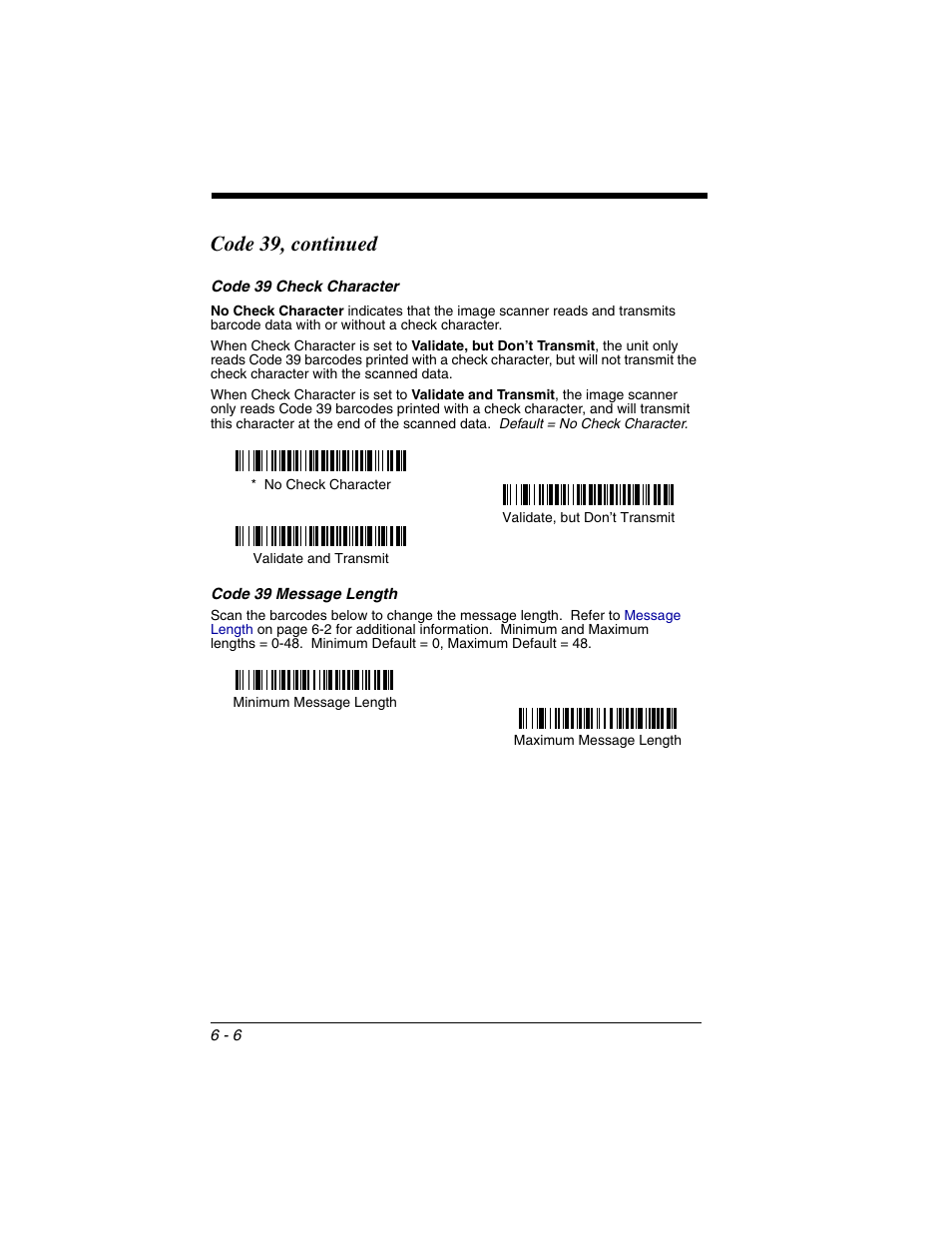 Code 39 check character, Code 39 message length, Code 39, continued | Honeywell 2020 User Manual | Page 94 / 188