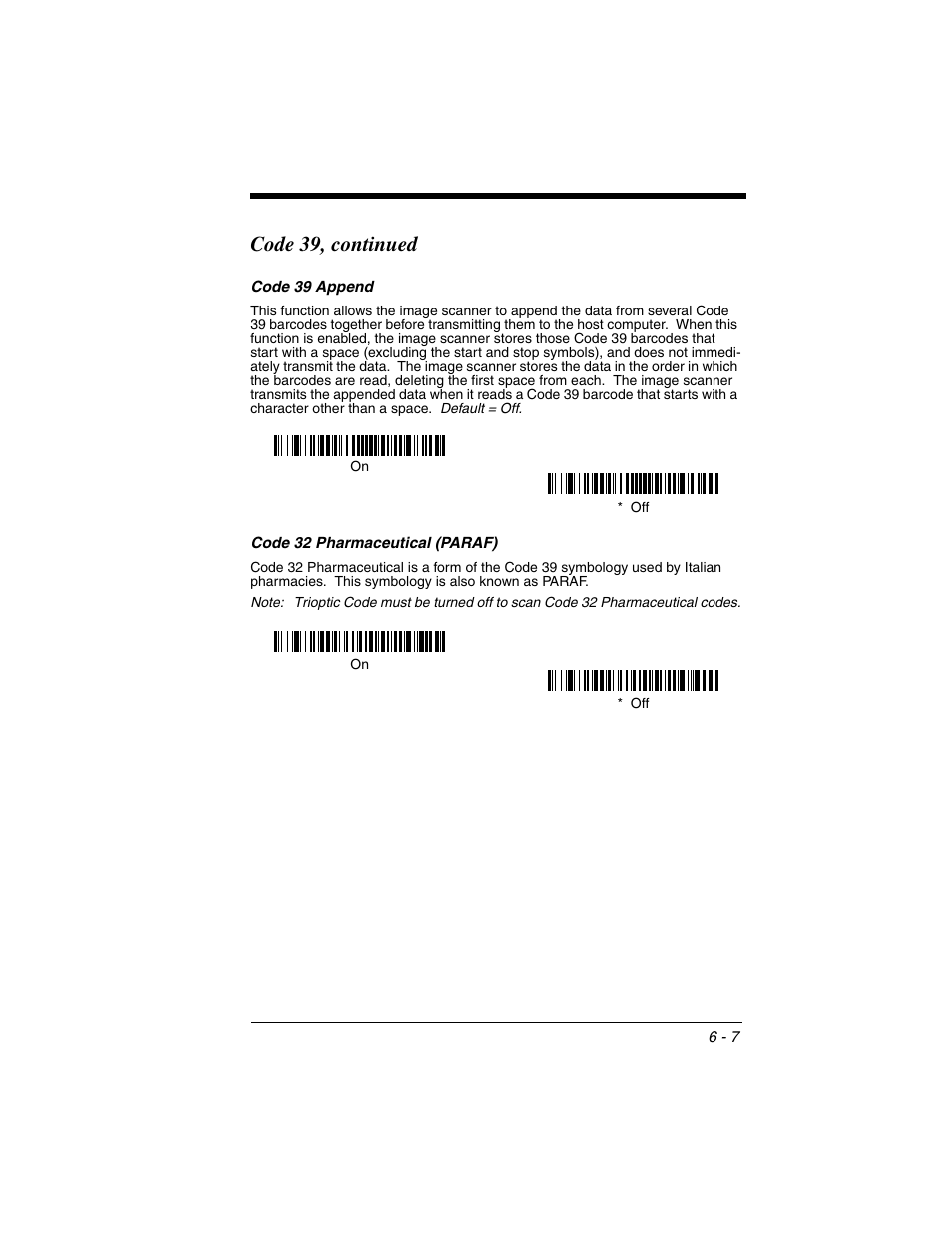 Code 39 append, Code 32 pharmaceutical (paraf), Code 39, continued | Honeywell 2020 User Manual | Page 95 / 188