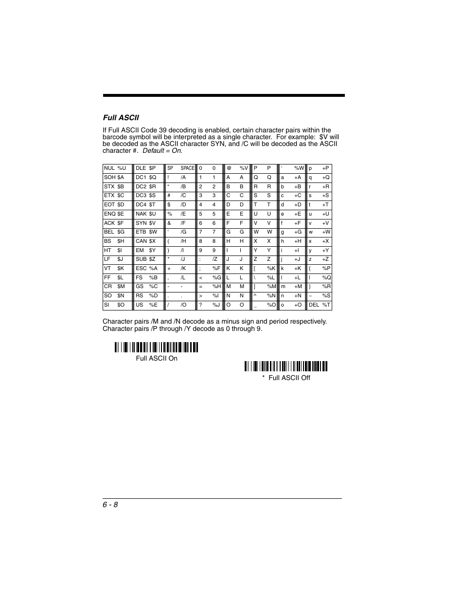 Full ascii, Full ascii -8, 6 - 8 full ascii | Full ascii off full ascii on | Honeywell 2020 User Manual | Page 96 / 188