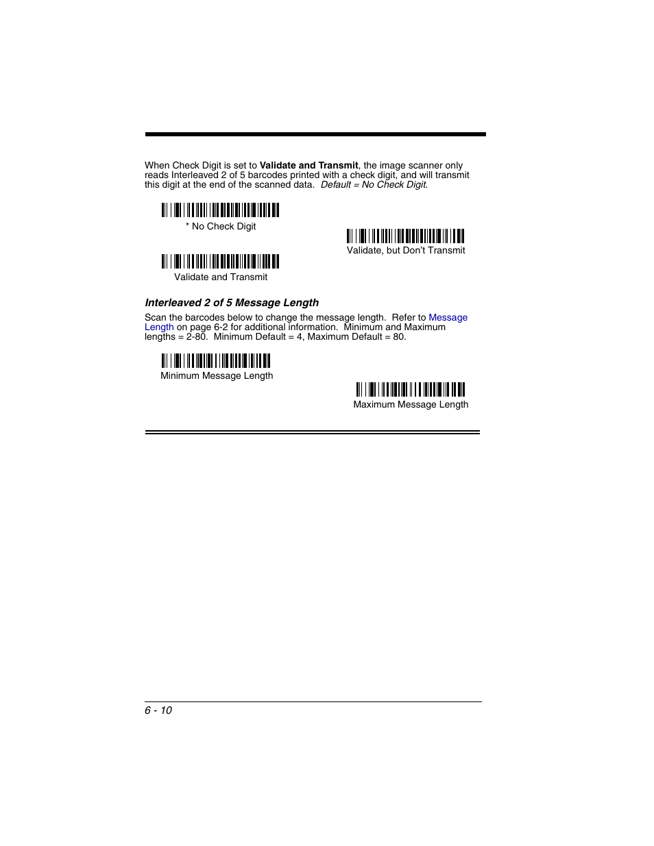 Interleaved 2 of 5 message length, Interleaved 2 of 5 message length -10 | Honeywell 2020 User Manual | Page 98 / 188