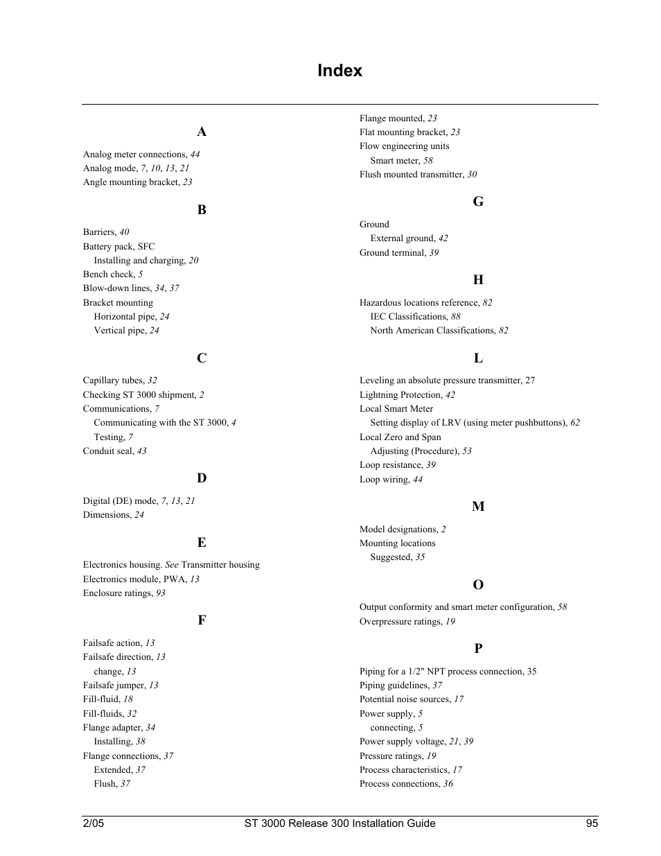 Index | Honeywell ST 3000 User Manual | Page 105 / 126