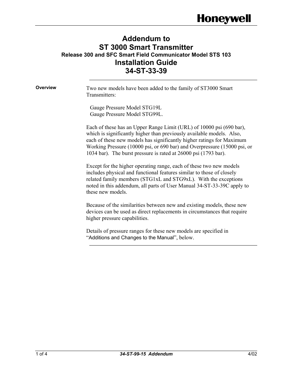 Addendum to st 3000 smart transmitter | Honeywell ST 3000 User Manual | Page 107 / 126