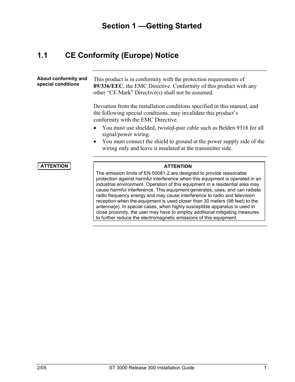 Section 1 —getting started, 1 ce, Conformity (europe) notice | Honeywell ST 3000 User Manual | Page 11 / 126