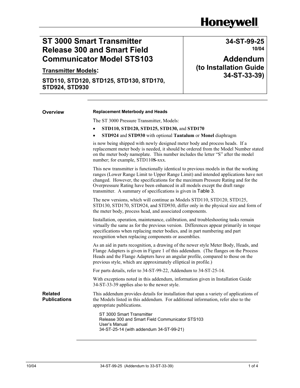 Addendum, St-99-25 | Honeywell ST 3000 User Manual | Page 111 / 126