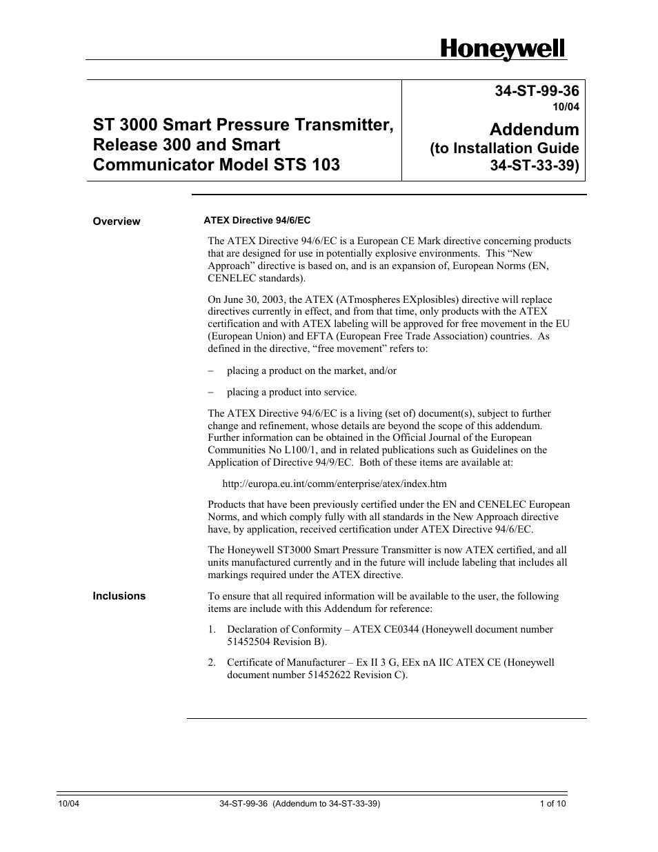 Addendum, St-99-36 | Honeywell ST 3000 User Manual | Page 115 / 126