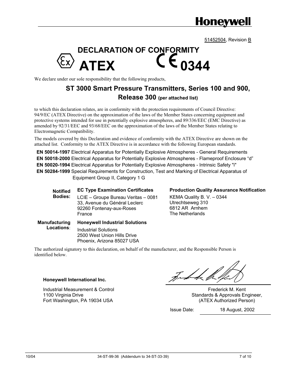 Atex 0344, Declaration of conformity | Honeywell ST 3000 User Manual | Page 121 / 126