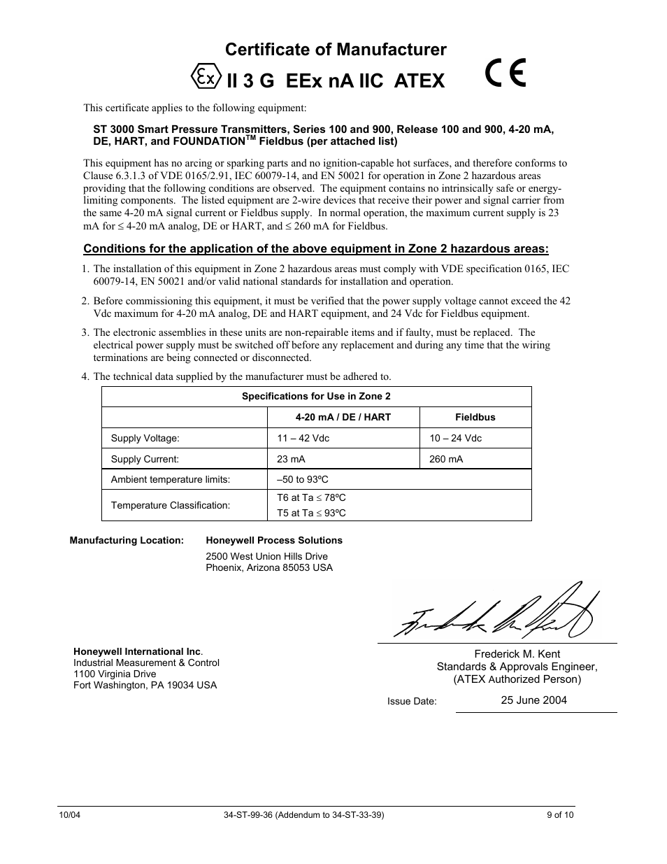 Ii 3 g eex na iic atex, Certificate of manufacturer | Honeywell ST 3000 User Manual | Page 123 / 126