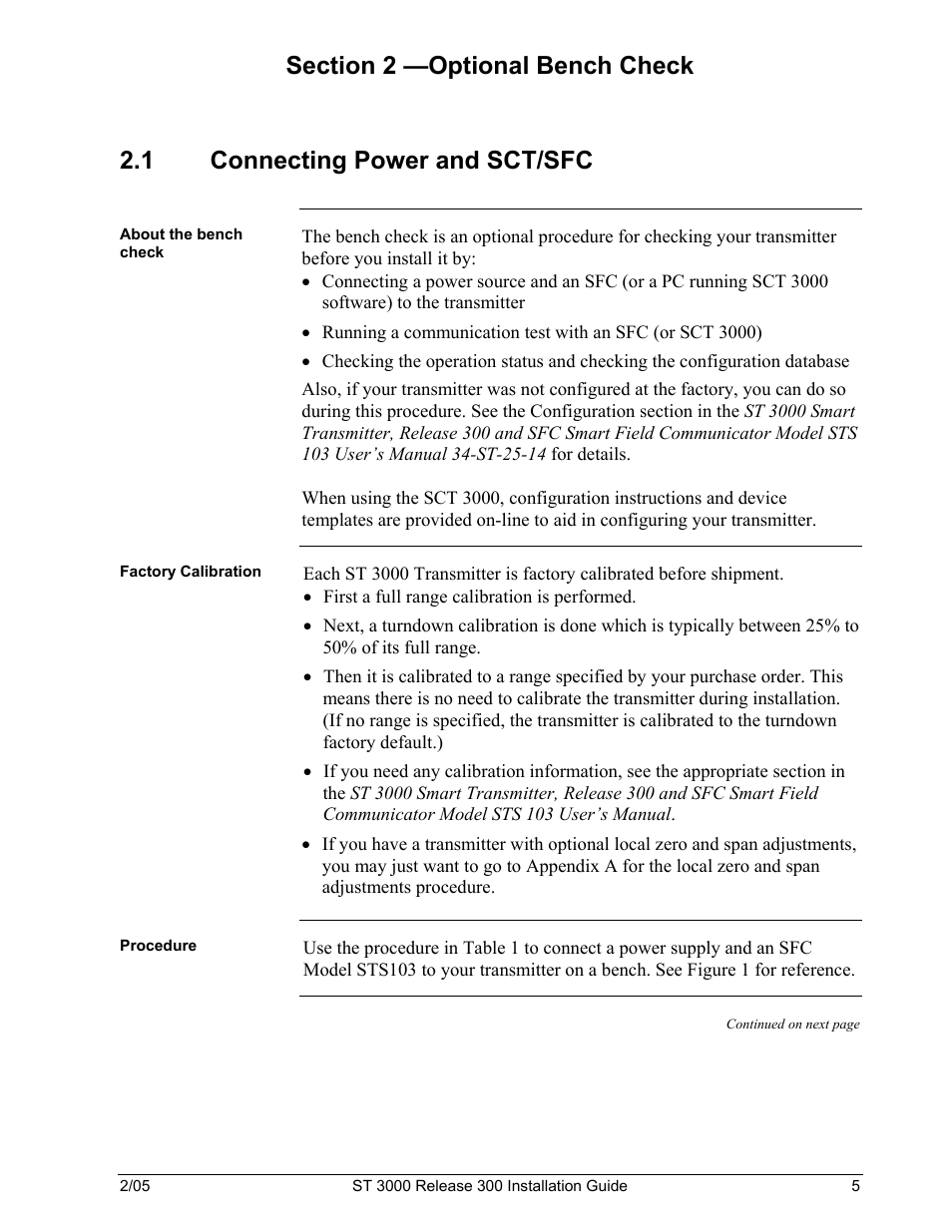 Section 2 —optional bench check, 1 connecting, Power and sct/sfc | Honeywell ST 3000 User Manual | Page 15 / 126