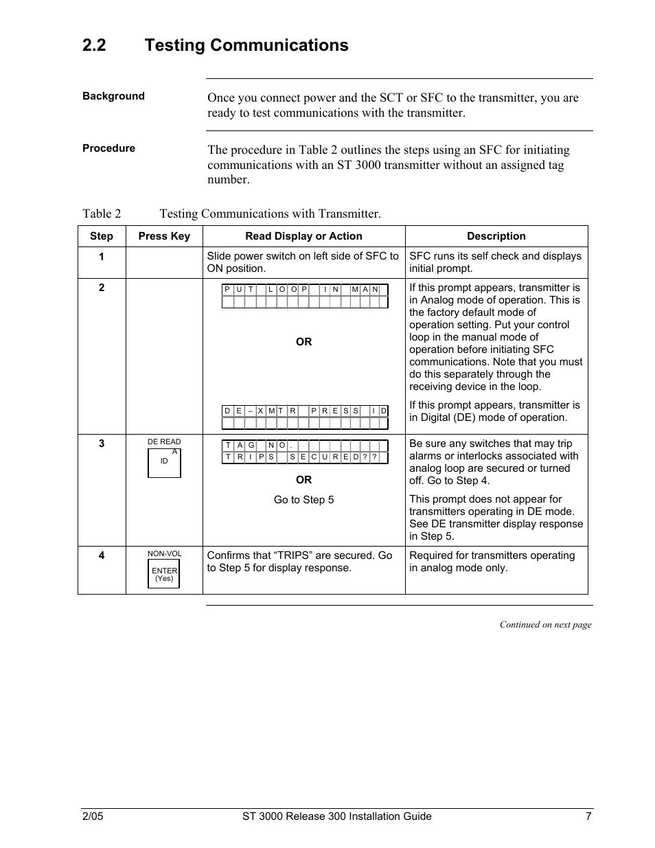 2 testing, Communications, Table 2 | Testing communications with transmitter, 2 testing communications | Honeywell ST 3000 User Manual | Page 17 / 126