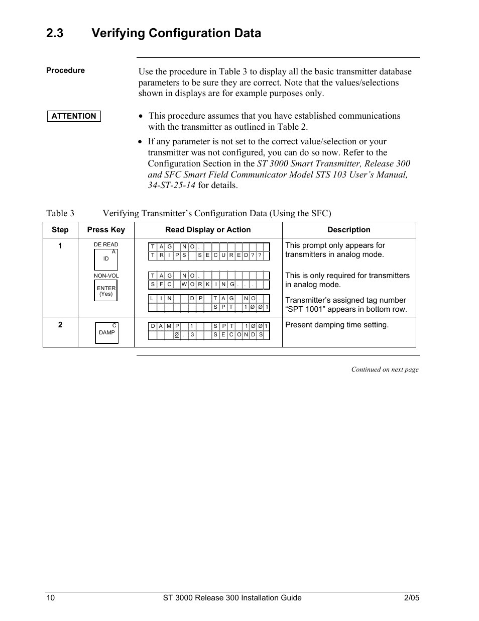 3 verifying, Configuration data, Table 3 | 3 verifying configuration data | Honeywell ST 3000 User Manual | Page 20 / 126