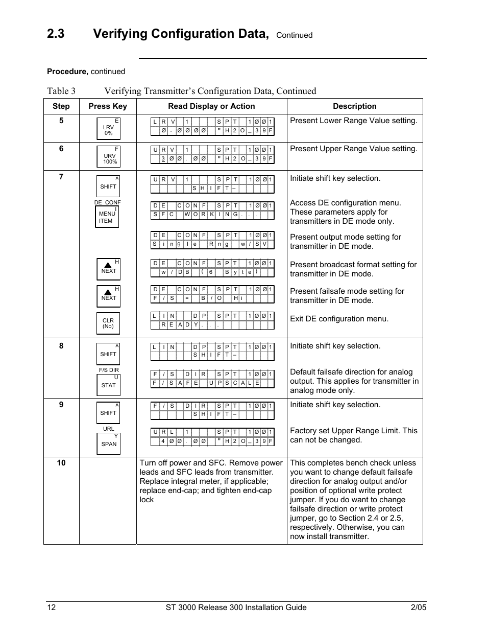 3 verifying configuration data, Continued, Procedure, continued | Present lower range value setting. 6, Present upper range value setting. 7 | Honeywell ST 3000 User Manual | Page 22 / 126