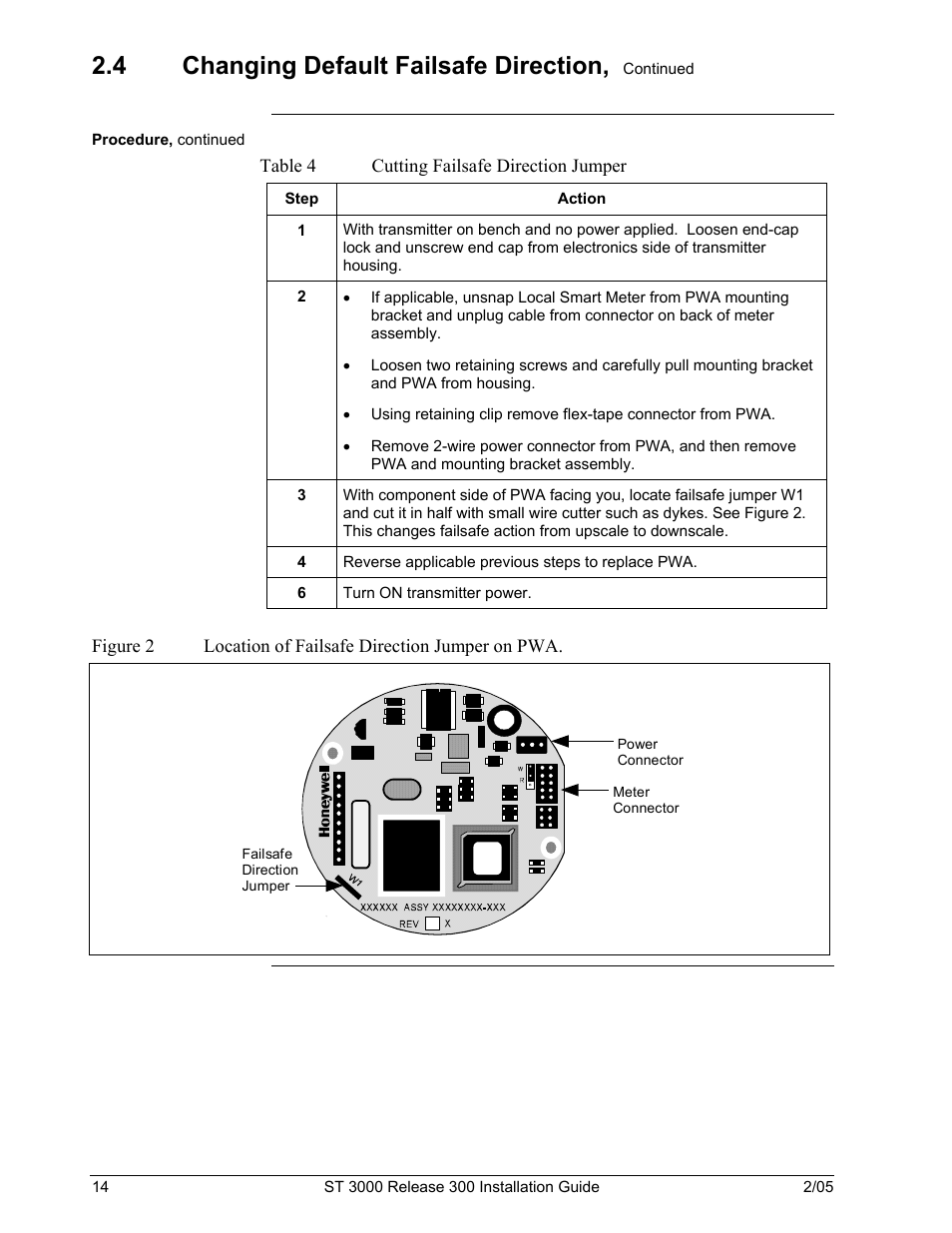 Figure 2, Location of failsafe direction jumper on pwa, Table 4 | Cutting failsafe direction jumper, 4 changing default failsafe direction | Honeywell ST 3000 User Manual | Page 24 / 126