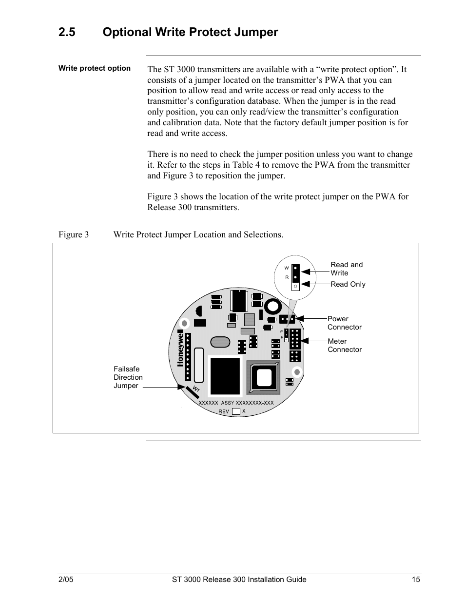 5 optional, Write, Protect jumper | Figure 3, Write protect jumper location and selections, 5 optional write protect jumper | Honeywell ST 3000 User Manual | Page 25 / 126