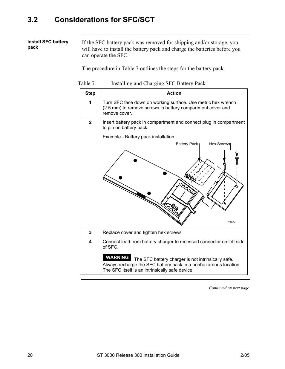 2 considerations for sfc/sct, Table 7, Installing and charging sfc battery pack | Honeywell ST 3000 User Manual | Page 30 / 126