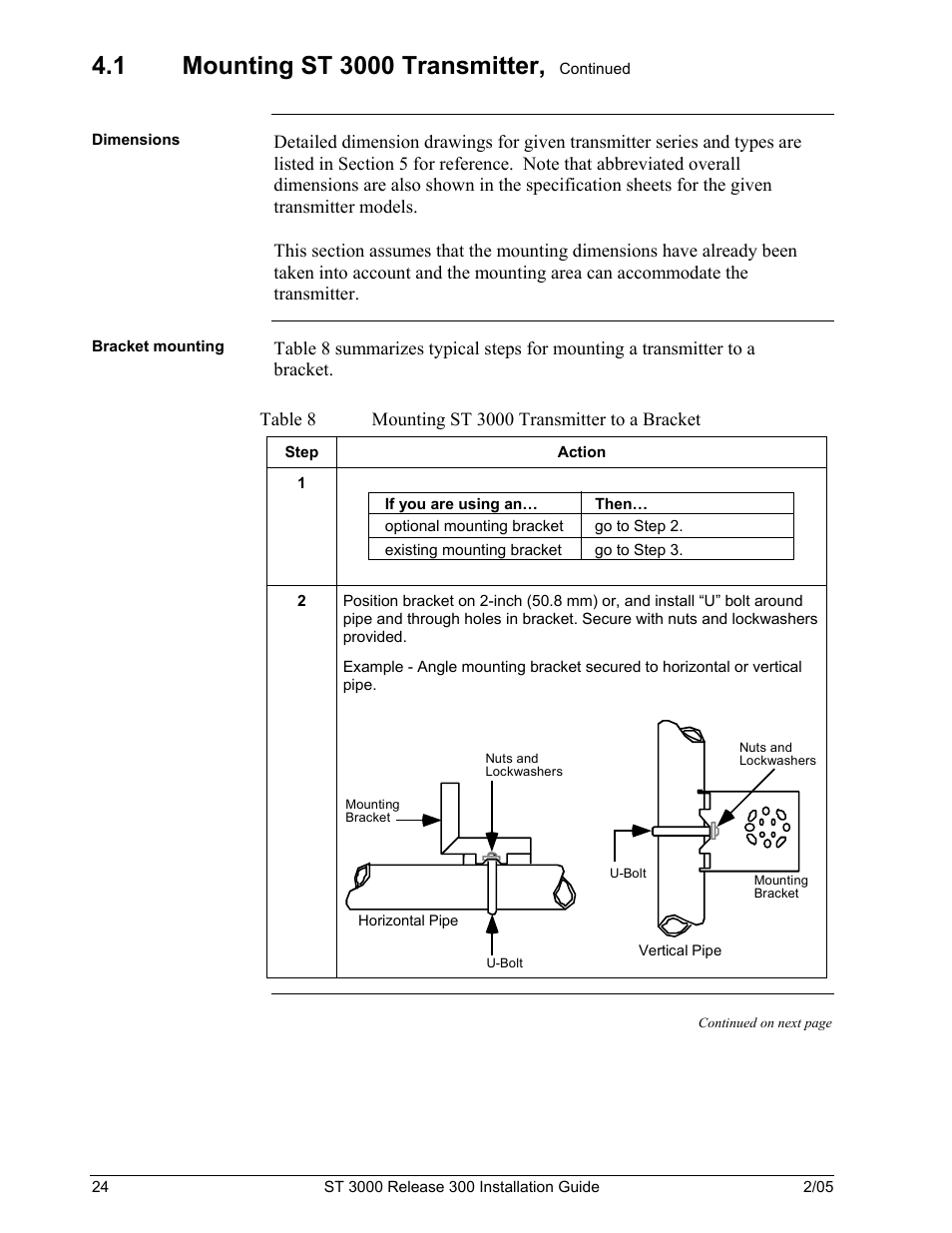 Table 8, Mounting st 3000 transmitter to a bracket | Honeywell ST 3000 User Manual | Page 34 / 126