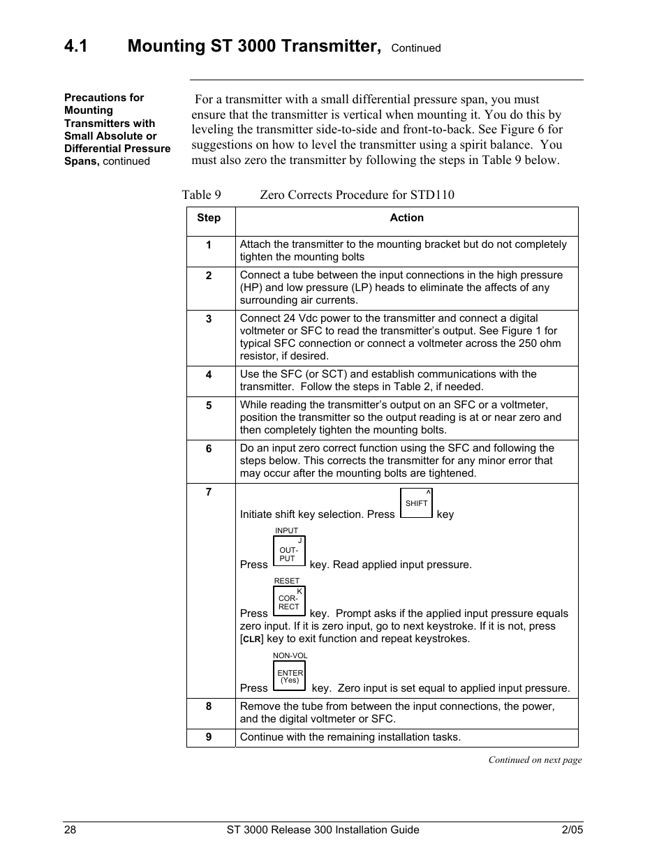 Table 9, Zero corrects procedure for std110 | Honeywell ST 3000 User Manual | Page 38 / 126