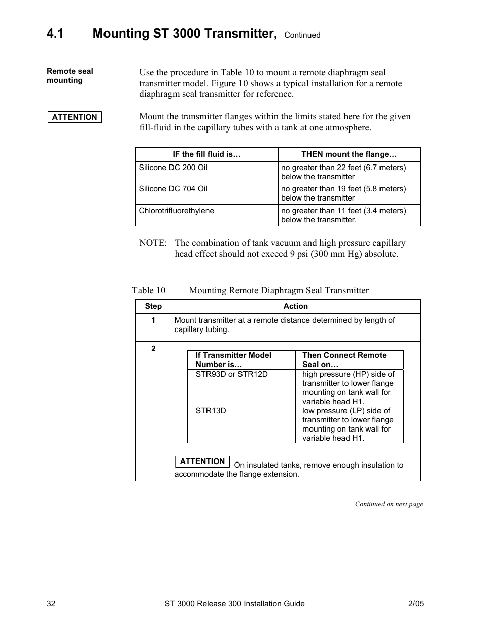 Table 10, Mounting remote diaphragm seal transmitter | Honeywell ST 3000 User Manual | Page 42 / 126