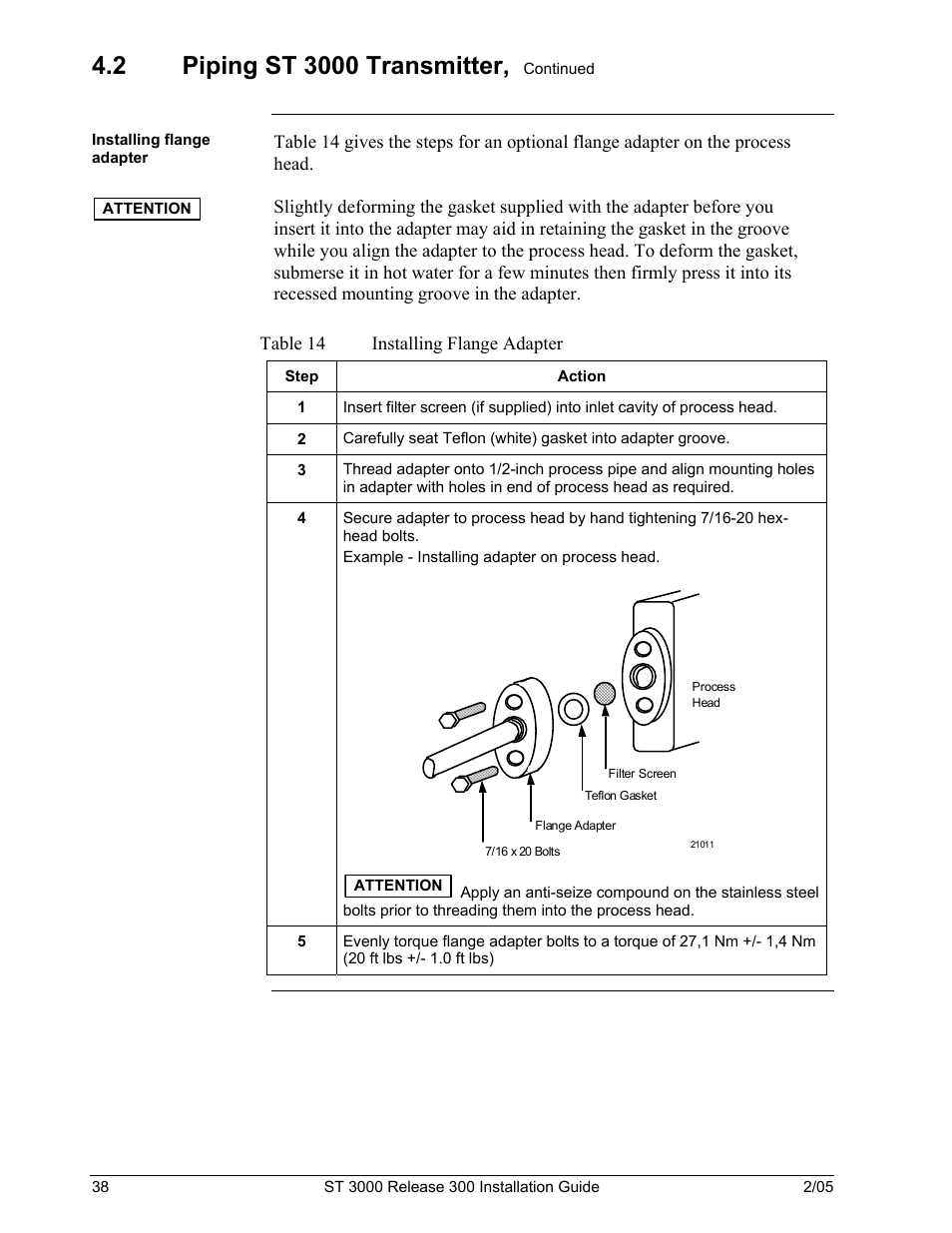 Table 14, Installing flange adapter | Honeywell ST 3000 User Manual | Page 48 / 126