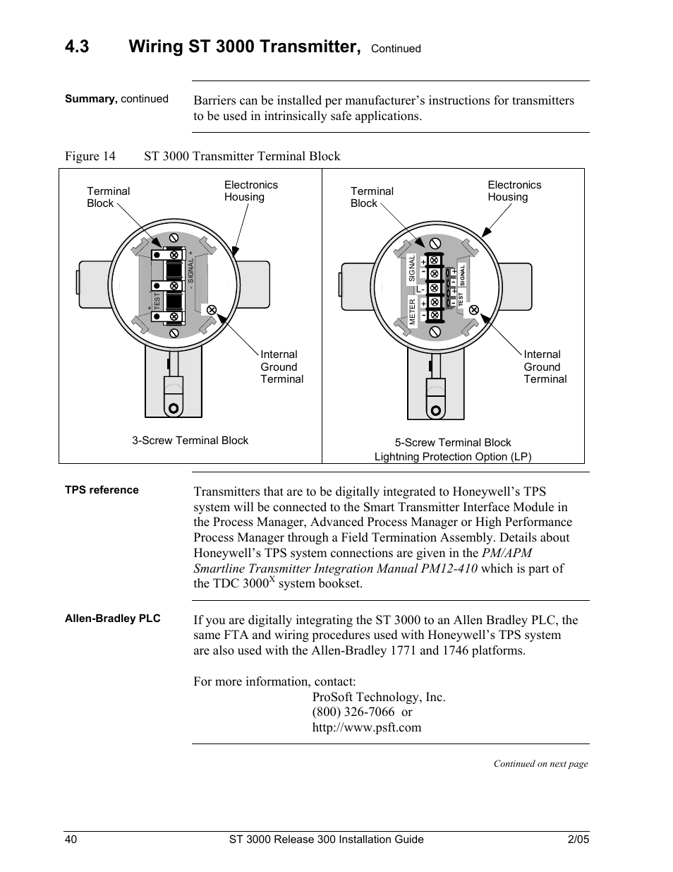 Figure 14 st 3000 transmitter terminal block, System bookset | Honeywell ST 3000 User Manual | Page 50 / 126