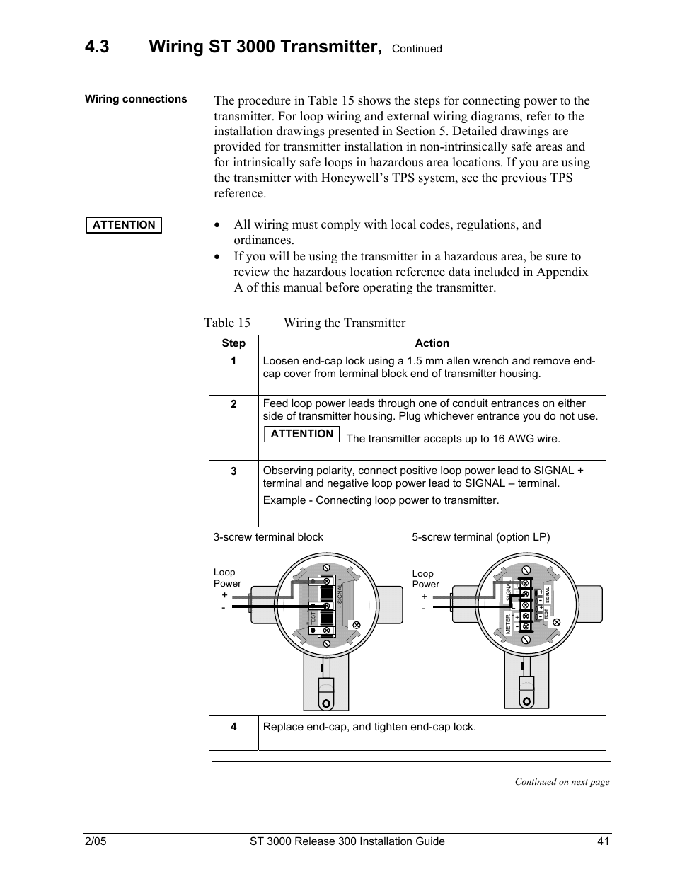 Table 15, Wiring the transmitter | Honeywell ST 3000 User Manual | Page 51 / 126