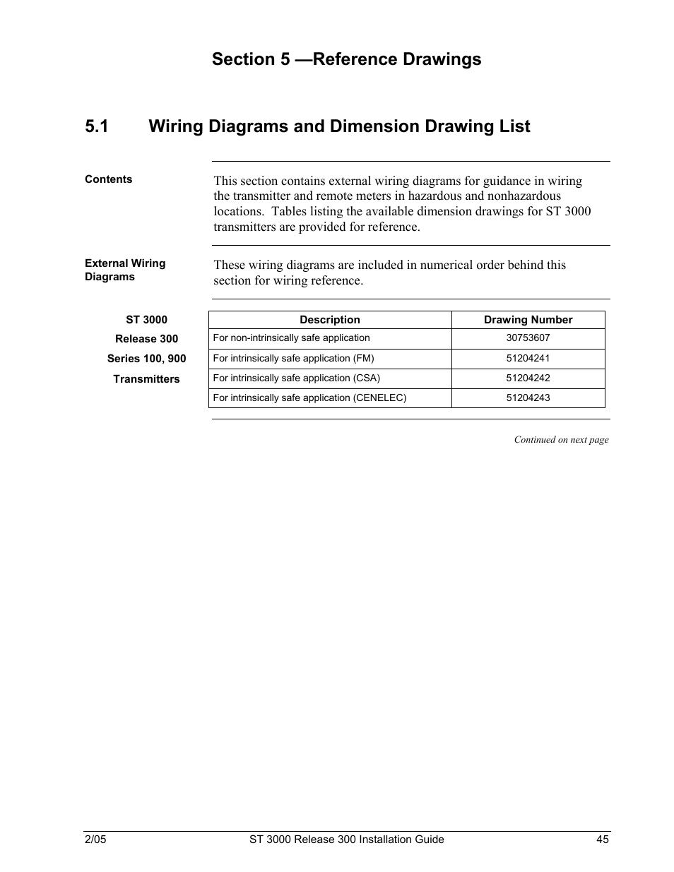 Section 5 —reference drawings, 1 wiring diagrams and dimension drawings | Honeywell ST 3000 User Manual | Page 55 / 126