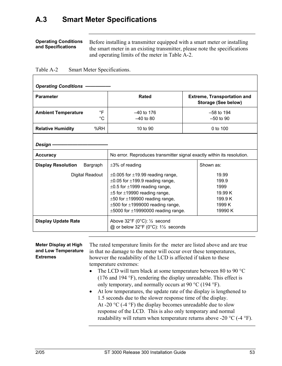 A.3 smart meter specifications, Table a-2 smart meter specifications | Honeywell ST 3000 User Manual | Page 63 / 126