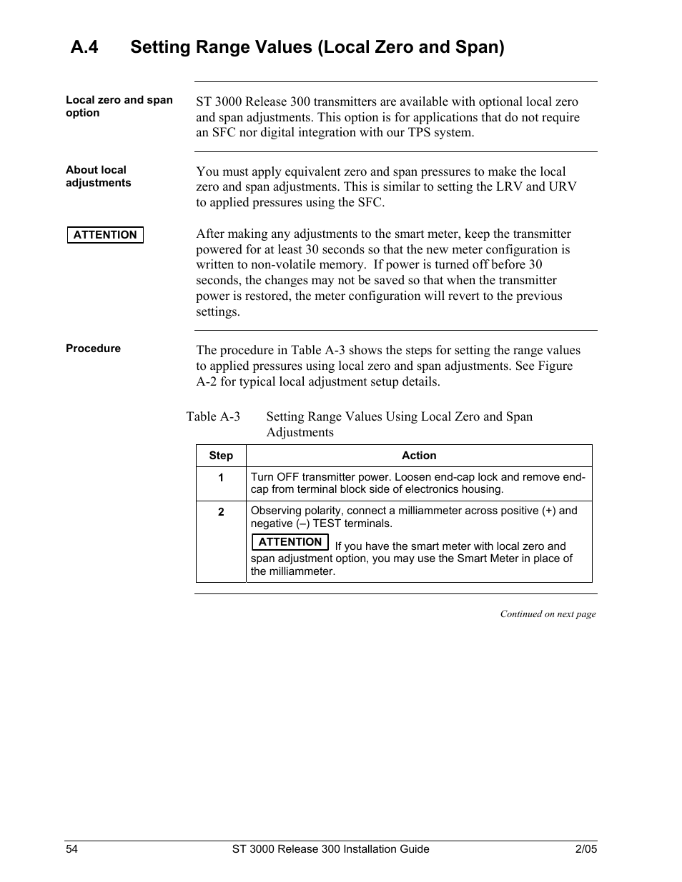 A.4 setting range values (local zero and span) | Honeywell ST 3000 User Manual | Page 64 / 126