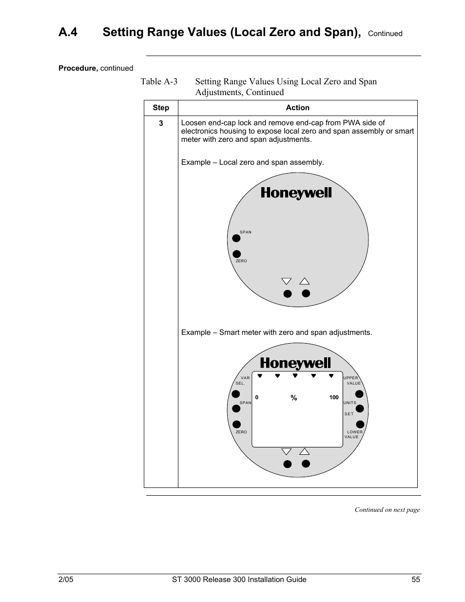 A.4 setting range values (local zero and span) | Honeywell ST 3000 User Manual | Page 65 / 126