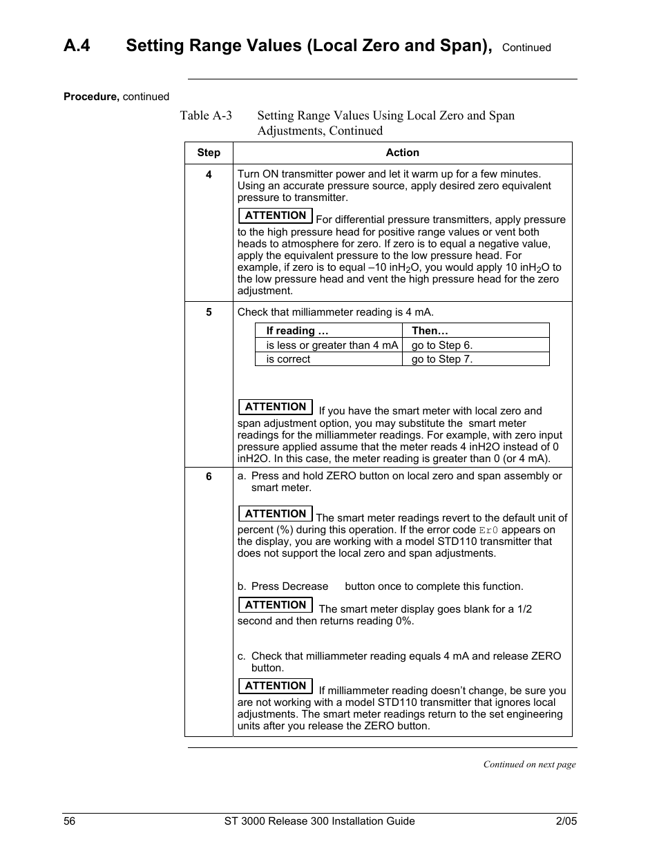 A.4 setting range values (local zero and span) | Honeywell ST 3000 User Manual | Page 66 / 126