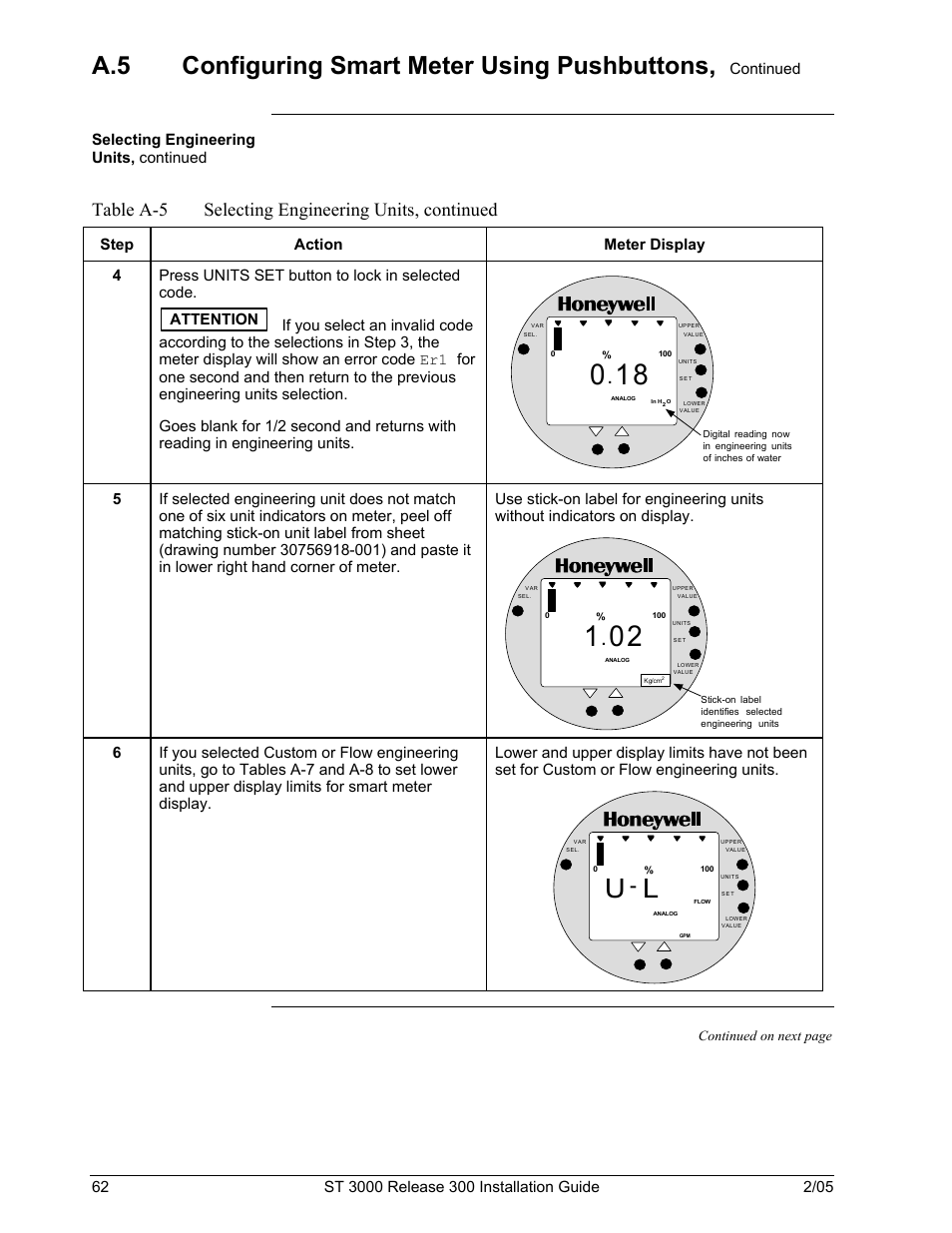 A.5 configuring smart meter using pushbuttons, Table a-5 selecting engineering units, continued | Honeywell ST 3000 User Manual | Page 72 / 126