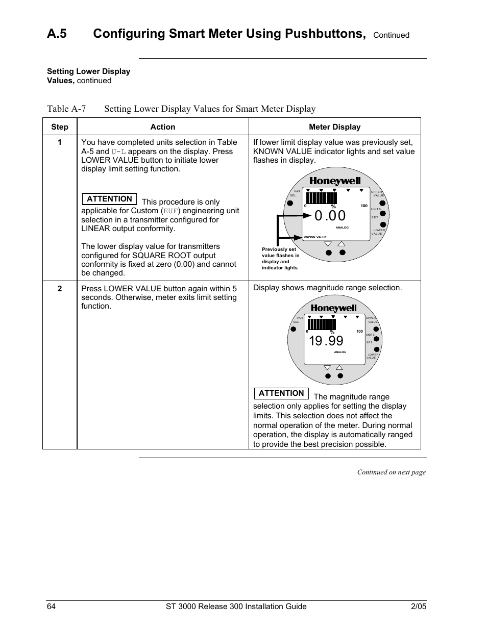 A.5 configuring smart meter using pushbuttons | Honeywell ST 3000 User Manual | Page 74 / 126