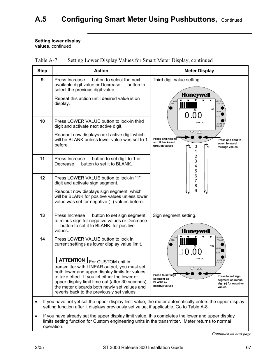 A.5 configuring smart meter using pushbuttons | Honeywell ST 3000 User Manual | Page 77 / 126