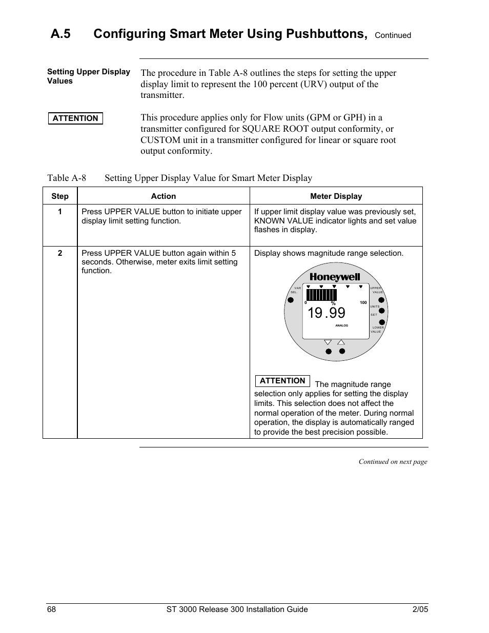 A.5 configuring smart meter using pushbuttons | Honeywell ST 3000 User Manual | Page 78 / 126