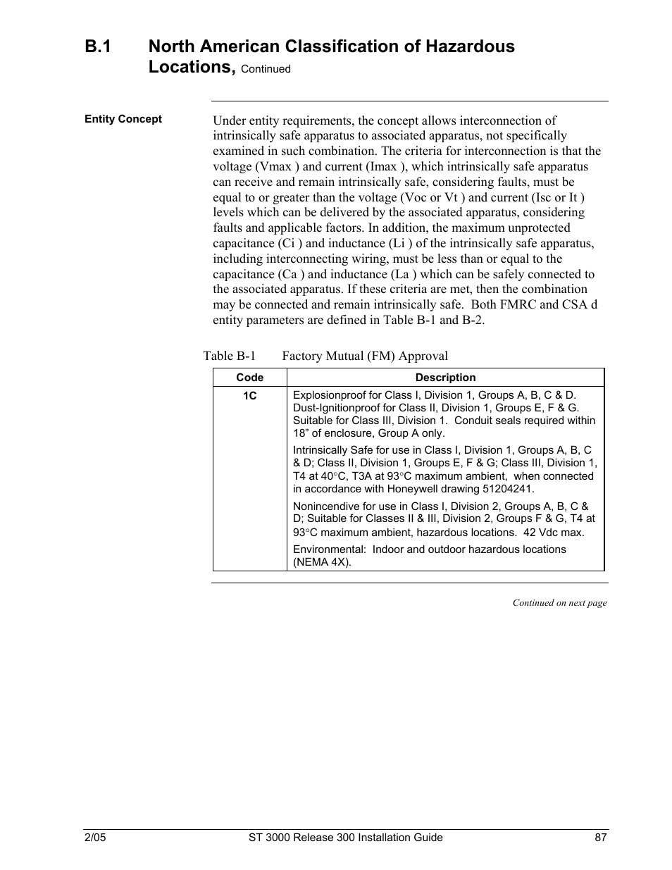 Table b-1 factory mutual (fm) approval | Honeywell ST 3000 User Manual | Page 97 / 126