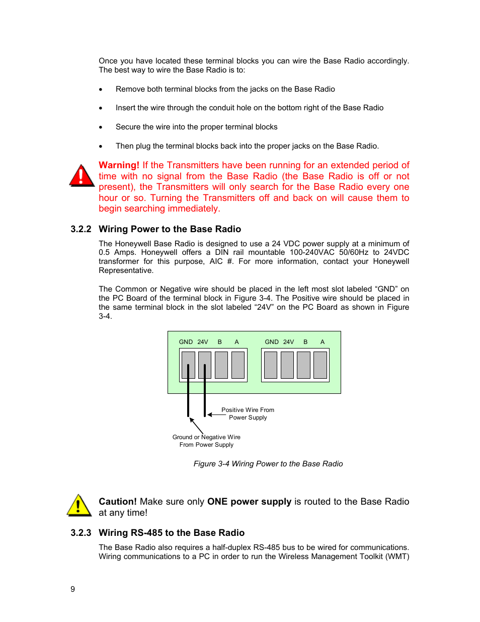 Wiring power to the base radio, Wiring rs-485 to the base radio, Figure 3-4 wiring power to the base radio | Honeywell ISM BAND XYR 5000 LINE User Manual | Page 16 / 49