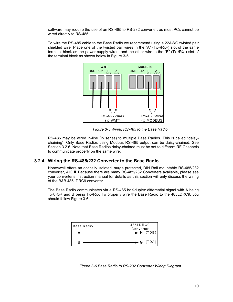 Wiring the rs-485/232 converter to the base radio, Figure 3-5 wiring rs-485 to the base radio | Honeywell ISM BAND XYR 5000 LINE User Manual | Page 17 / 49